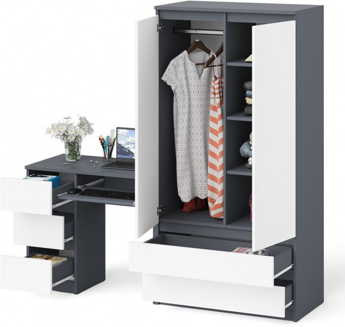 Мори компьютерный стол МС-6 левый + Шкаф МШ900.1, графит/белый