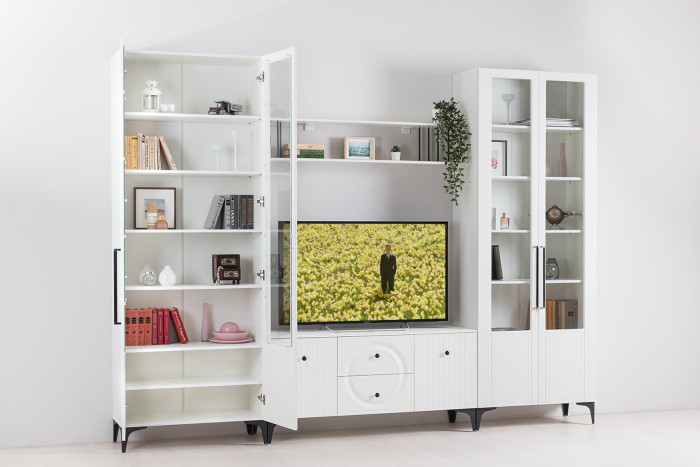 Валенсия Гостиная № 074, цвет ЛДСП белый шагрень/МДФ белый шагрень, ШхГхВ 301,3х38,3х225,2 см., универсальная сборка