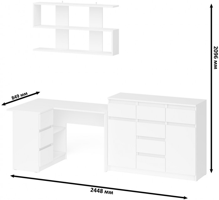 Мори компьютерный стол МС-16 левый + Комод МК1200.4 + Полка 1200, белый