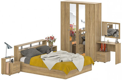 Камелия спальня № 2 Кровать 1600 + Две тумбы + Стол косметич. + Зеркало + Шкаф 4-х, дуб сонома