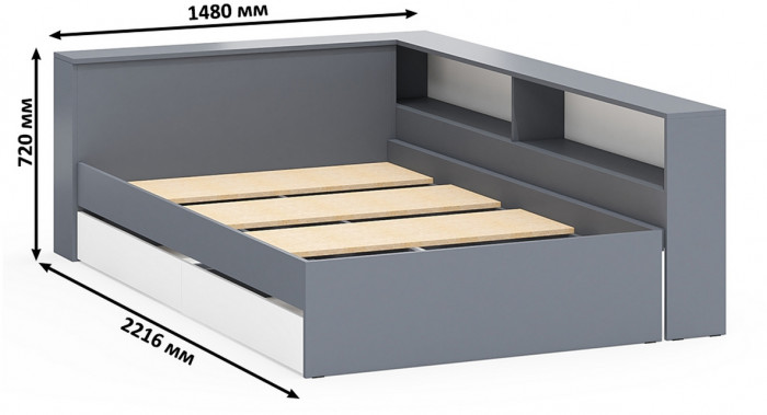 Ксения Кровать с ящиками 1200 + прикроватный блок + Столик с подсветкой Сура, графит/белый