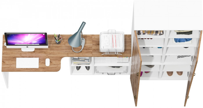 Лидер-8 Стол + Пенал МД 22Б + Пенал МД 22Б, белый шагрень/крафт золото