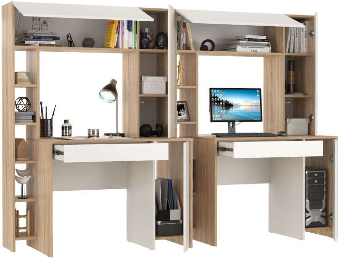 КР100 Стол компьютерный Комфорт 12.71 + Стол компьютерный Комфорт 12.71, цвет дуб сонома/белый, ШхГхВ 233,4х60,2х165,4 см., НЕ универсальная сборка