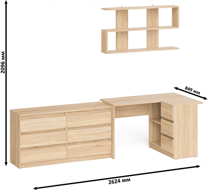 Мори компьютерный стол МС-16 правый + Комод МК1380.6 + Полка 1200, дуб сонома