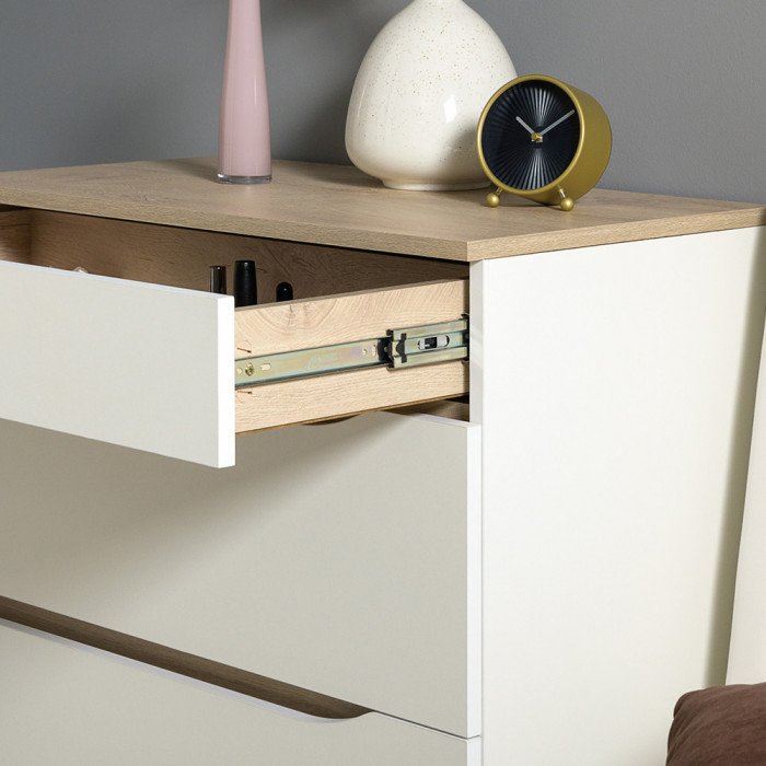 Муссон 13.97 Комод + 16.03 Тумба, цвет белый/дуб эндгрейн элегантный, ШхГхВ 133х39,4х92,6 см., четыре выдвижных ящика, ручки-вырезы, НЕ универс. сб.