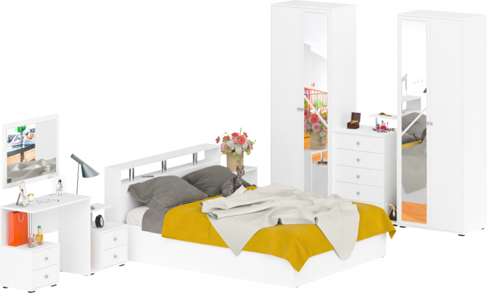 Камелия спальня № 3 Кровать 1600 + Две тумбы + Стол косметич. + Зеркало + Комод + Шкаф 4-х, белый