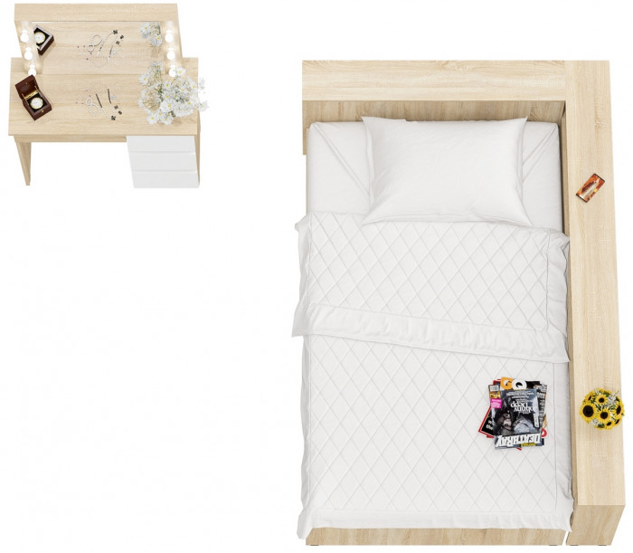 Ксения Кровать с ящиками 1200 + прикроватный блок + Столик с подсветкой Сура, дуб сонома/белый