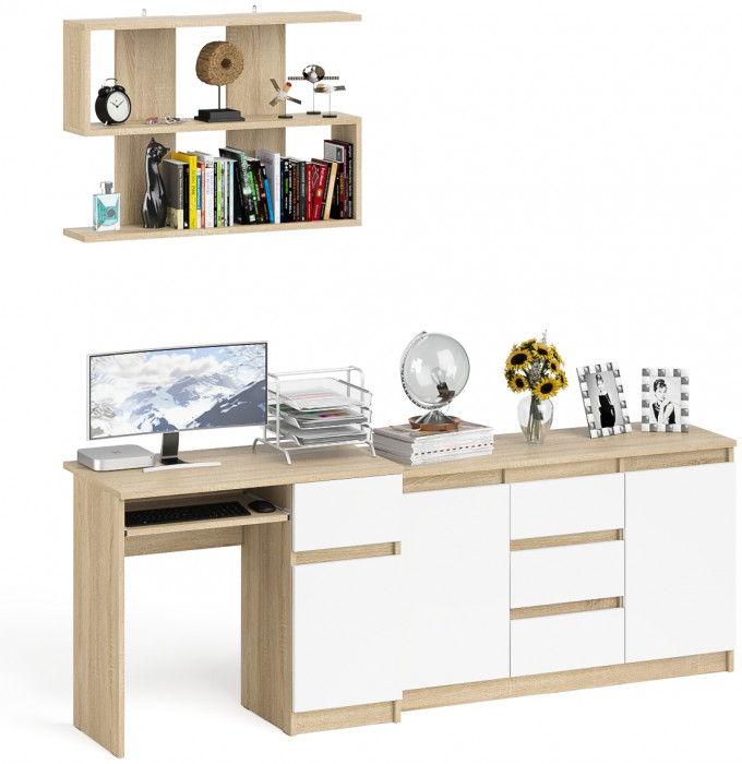 Мори компьютерный стол МС-1 правый + Комод МК1200.3 + Полка 900, дуб сонома/белый