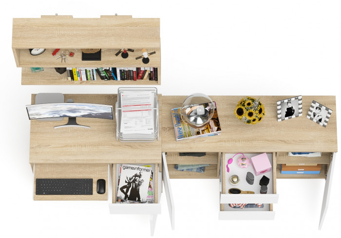 Мори компьютерный стол МС-1 правый + Комод МК1200.3 + Полка 900, дуб сонома/белый