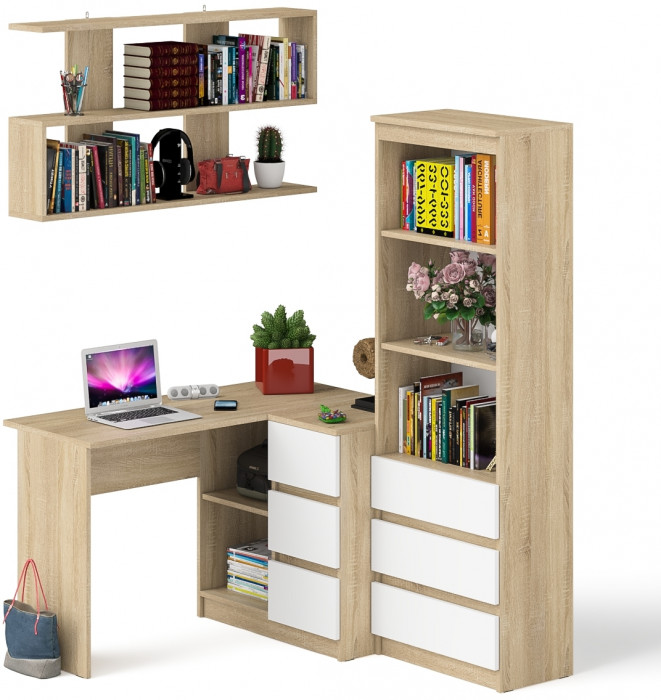 Мори компьютерный стол МС-16 правый + Стеллаж МСТ600.3 + Полка 1200, дуб сонома/белый