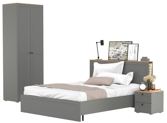 Остин 11.53 Кровать + ортопед + 13.224 Шкаф + 16.152 Тумба прикроватная, серый графит/дуб крафт золотой