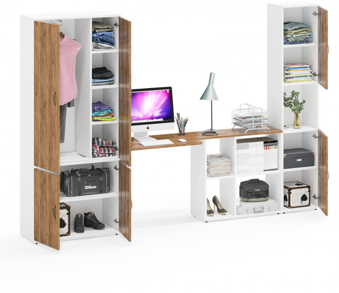 Лидер-8 Шкаф МД 20Б + Стол + Пенал, цвет белый шагрень/крафт золото, ШхГхВ 285х50/37,5х75/190 или 195х120х75/190 см., НЕ универсальная сборка