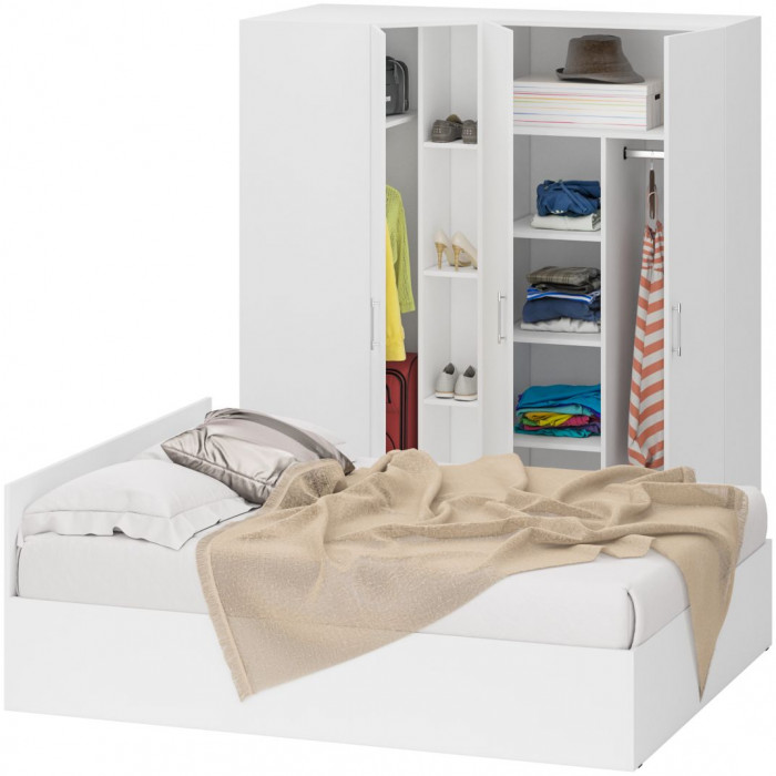 Спальня Стандарт 2-1600, цвет белый, ШхГхВ 163,5х203,5х70 + 171,2х81,2х200 см., сп.м. 1600х2000 мм., без матраса, основание есть