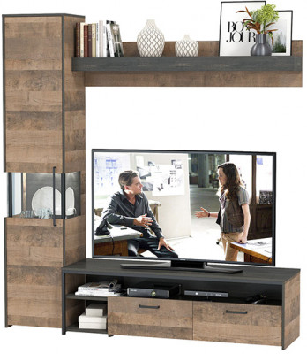 Трувор 13.70 Тумба под ТВ + 13.205 Шкаф-пенал с витриной + 15.60 Полка, цвет дуб гранж песочный/интра, ШхГхВ 194,6х45,4х210 см., универсальная сборка