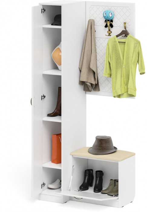 Прихожая П-6 Компоновка № 41, цвет белая шагрень/фасады МДФ белое дерево фрезеровка ромб, ШхГхВ 90х50х210 см., универсальная сборка