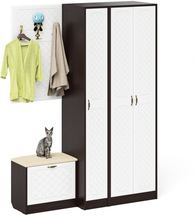 Прихожая П-6 Компоновка № 47, венге/фасады МДФ белое дерево фрезеровка ромб