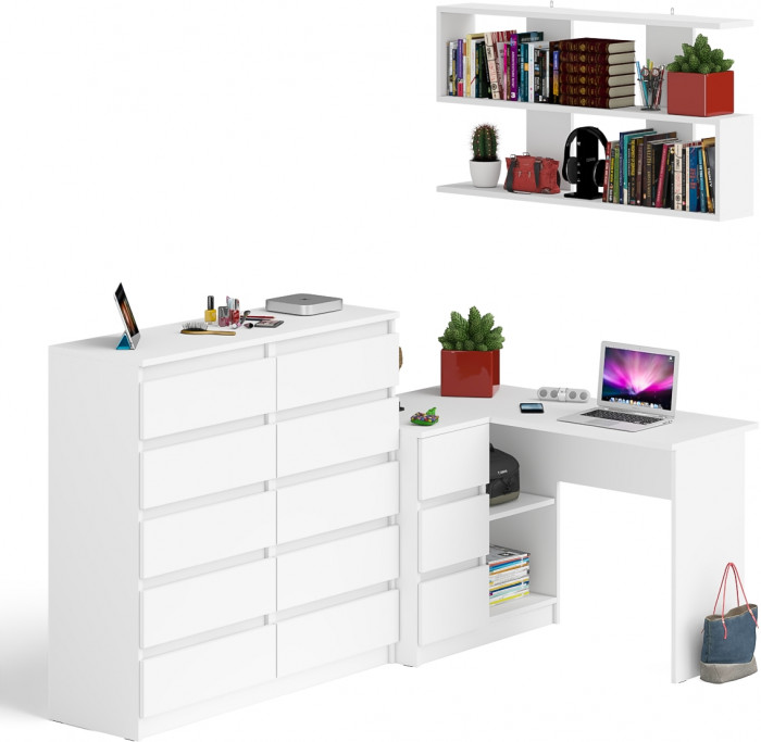 Мори компьютерный стол МС-16 левый + Комод МК1200.10 + Полка 1200, белый
