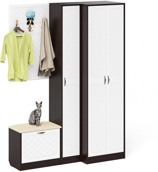 Прихожая П-6 Компоновка № 27, цвет венге/фасады МДФ белое дерево фрезеровка ромб, ШхГхВ 150х50х210 см., универсальная сборка