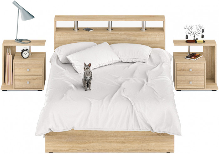 Камелия Кровать с ящиками 1400 + две тумбы, цвет дуб сонома, ШхГхВ 256х217х78,2 см., сп.м. 1400х2000 мм., без матраса, основание есть