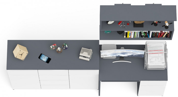 Мори компьютерный стол МС-1 правый + Комод МК1200.4 + Полка 900, графит/белый