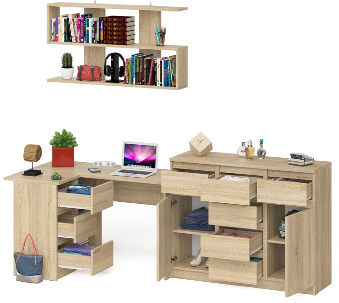 Мори компьютерный стол МС-16 левый + Комод МК1200.4 + Полка 1200, дуб сонома