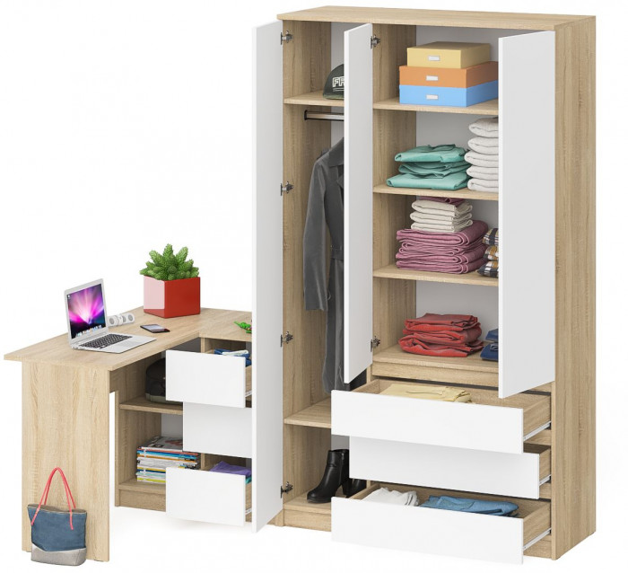 Мори компьютерный стол МС-16 правый + Шкаф МШ1200.1, дуб сонома/белый