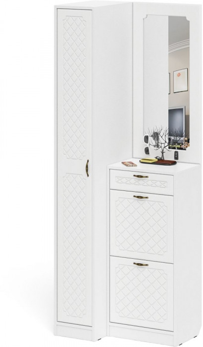 Прихожая П-6 Компоновка № 43, цвет белая шагрень/фасады МДФ белое дерево фрезеровка ромб, ШхГхВ 80х50х210 см., универсальная сборка