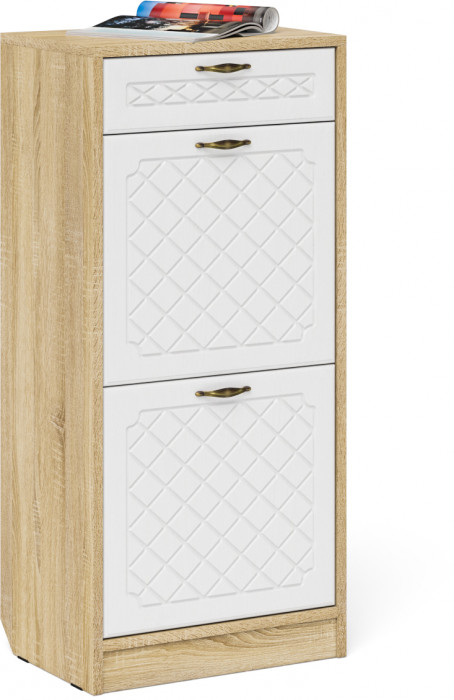 Прихожая П-6 Компоновка № 23, цвет дуб сонома/фасады МДФ белое дерево фрезеровка ромб, ШхГхВ 80х35х210 см., универсальная сборка