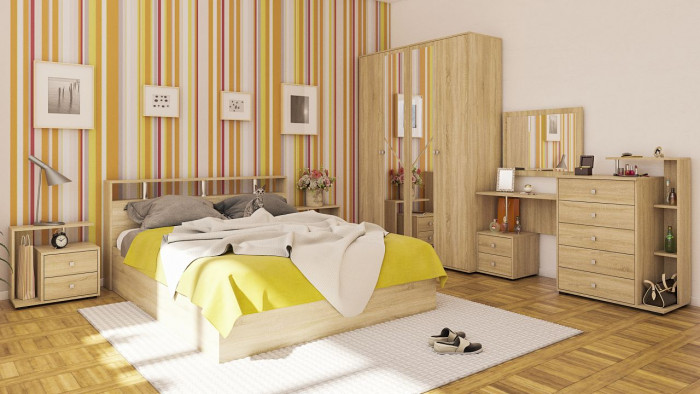 Камелия спальня № 3 Кровать 1600 + Две тумбы + Стол косметич. + Зеркало + Комод + Шкаф 4-х, дуб сонома