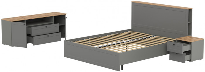 Остин 11.53 Кровать + ортопед + 16.47 Тумба под ТВ + 16.152 Тумба прикроватная, серый графит/дуб крафт золотой