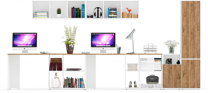 Лидер-8 Стол + Полка + Стол + Полка + Пенал МД 22Б + Тумба МД 3.19, цвет белый шагрень/крафт золото, 410х50х75/190 или 230х160/50х75/190, НЕ ун. сб.