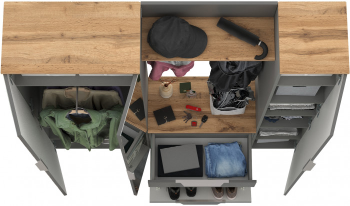 Октава Прихожая 22, цвет серый графит/дуб крафт золотой/фасады МДФ серый графит, ШхГхВ 161,5х35,4х197,6 см., универсальная сборка