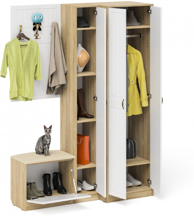 Прихожая П-6 Компоновка № 27, цвет дуб сонома/фасады МДФ белое дерево фрезеровка прованс, ШхГхВ 150х50х210 см., универсальная сборка