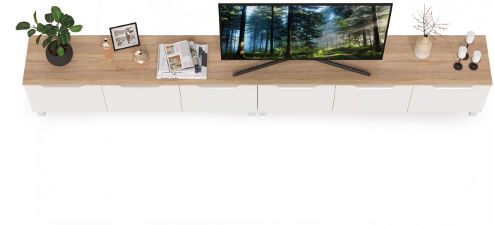 КР100 Тумба под ТВ 13.267.01 + 13.267.01, цвет белый шагрень/дуб сонома, ШхГхВ 276,8х34,9х43,8 см., универсальная сборка