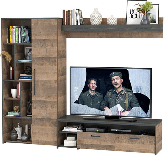 Трувор 13.70 Тумба под ТВ + 13.206 Шкаф-стеллаж + 15.60 Полка, цвет дуб гранж песочный/интра, ШхГхВ 242,8х45,4х194,2 см., универсальная сборка