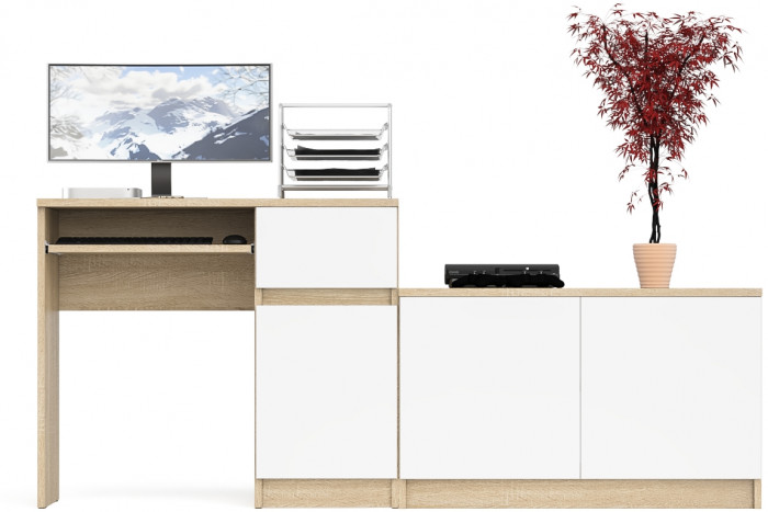 Мори компьютерный стол МС-1 правый + Тумба МА900.1, дуб сонома/белый