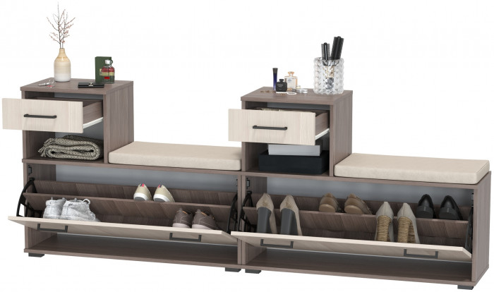 Лира ГК 2-0714+2-0714бод.тем/св Тумба под обувь, цвет бодега тёмный/бодега светлый, ШхГхВ 200х33х75,5 см., универсальная сборка