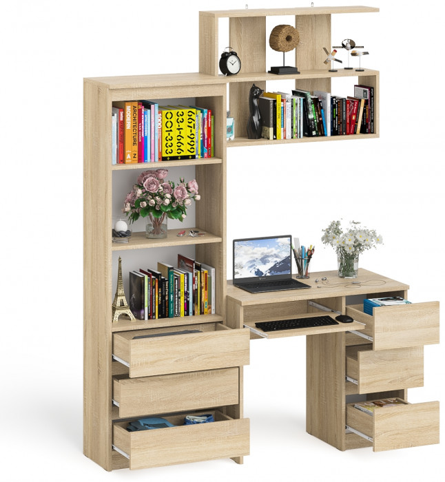 Мори Стол компьютерный МС-6 правый + Стеллаж МСТ600.3 + Полка 900, цвет дуб сонома, ШхГхВ 150,4х50х209,6 см., НЕ универсальная сборка