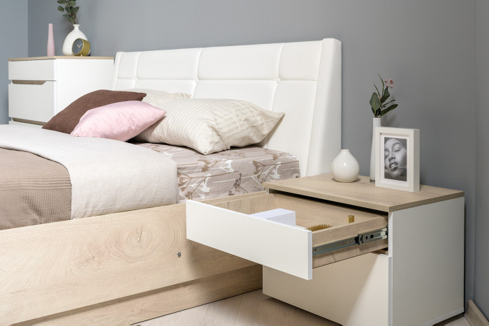 Муссон 16.03 Тумба прикроватная, цвет белый/дуб эндгрейн элегантный, ШхГхВ 56х39,4х42 см., два выдвижных ящика, НЕ универсальная сборка