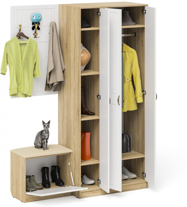 Прихожая П-6 Компоновка № 47, цвет дуб сонома/фасады МДФ белое дерево фрезеровка прованс, ШхГхВ 150х50х210 см., универсальная сборка