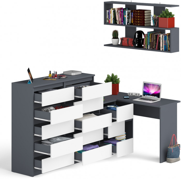 Мори компьютерный стол МС-16 левый + Комод МК1200.10 + Полка 1200, графит/белый