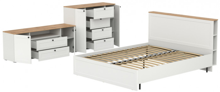 Остин 11.53 Кровать + ортопед + 16.47 Тумба под ТВ + 16.221 Комод, белый шагрень/дуб крафт золотой
