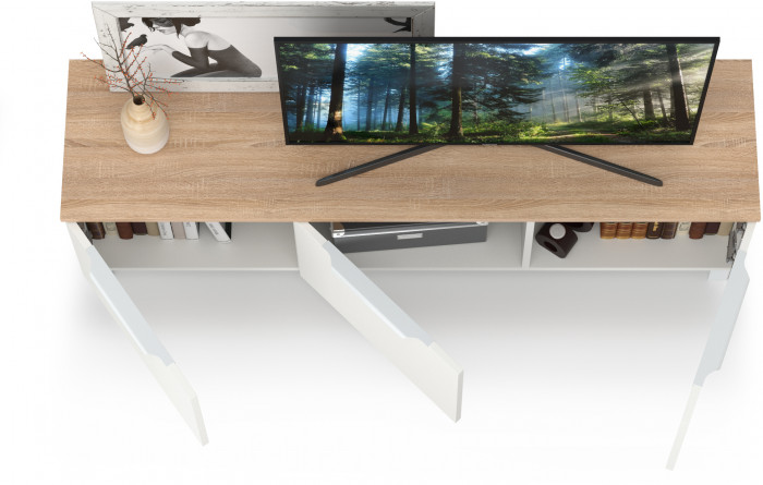 КР100 Тумба под ТВ 13.267.01, цвет белый шагрень/дуб сонома, ШхГхВ 138,4х34,9х43,8 см., универсальная сборка (100)