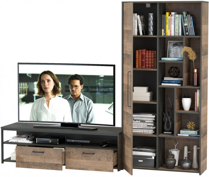 Трувор 13.70 Тумба под ТВ + 13.206 Шкаф-стеллаж, цвет дуб гранж песочный/интра, ШхГхВ 242,8х45,4х194,2 см., универсальная сборка