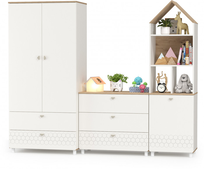 Эйп 13.334 Шкаф для одежды + 13.322 Комод + 13.14 Стеллаж, цвет белый/дуб белый, ШхГхВ 223х51,1х183,8 см., универсальная сборка