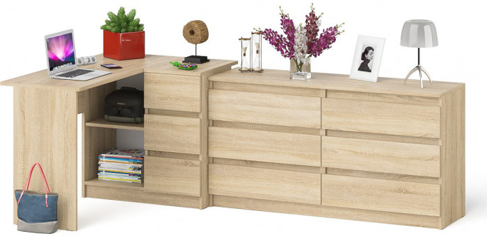 Мори компьютерный стол МС-16 правый + Комод МК1380.6, дуб сонома