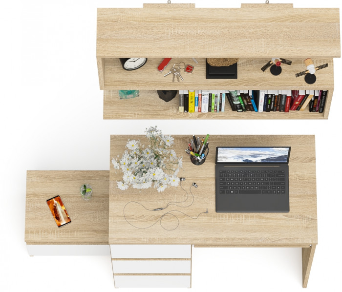 Мори Стол компьютерный МС-6 левый + Тумба ТМП400.1 + Полка 900, цвет дуб сонома/белый, ШхГхВ 130,4х50х209,6 см., НЕ универсальная сборка