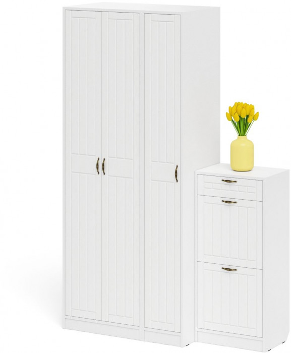 Прихожая П-6 Компоновка № 48, белая шагрень/фасады МДФ белое дерево фрезеровка прованс