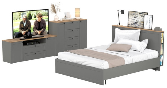 Остин 11.53 Кровать + ортопед + 16.47 Тумба под ТВ + 16.221 Комод, серый графит/дуб крафт золотой