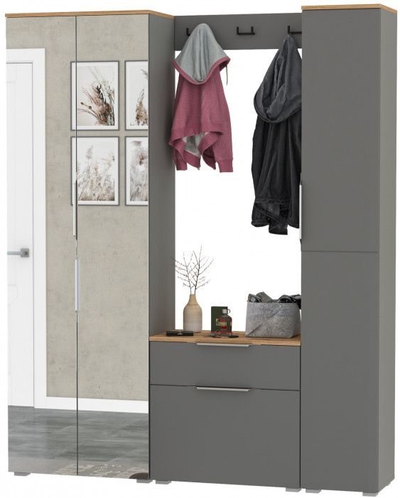 Октава Прихожая 23, цвет серый графит/дуб крафт золотой/фасады МДФ серый графит, ШхГхВ 161,5х35,4х197,6 см., универсальная сборка